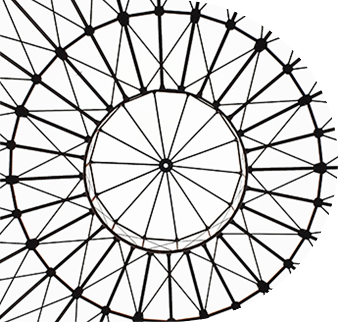 Claraboia circular de vidro com estrutura metálica vista de baixo